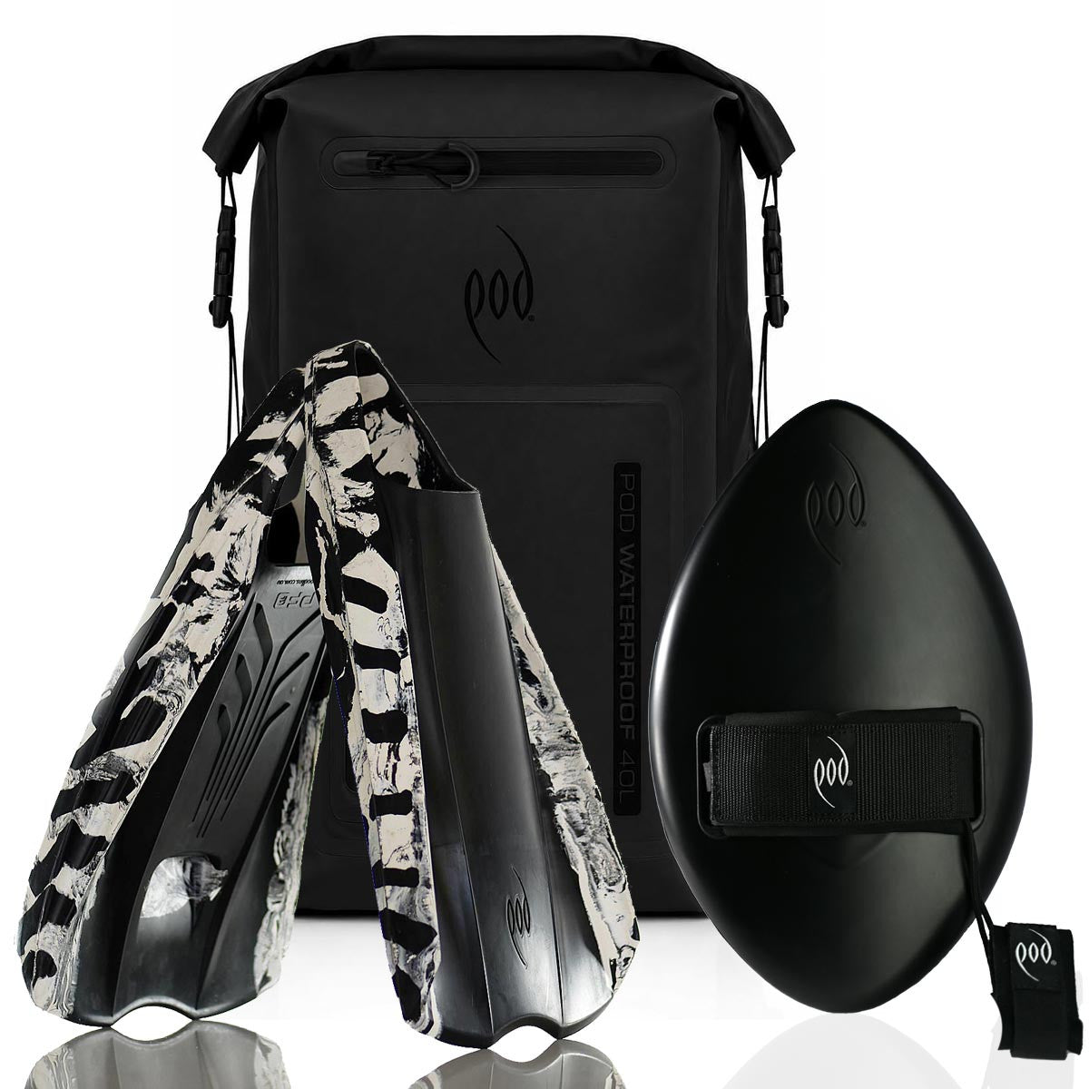 POD Black/Black Waterproof Backpack 40L + Stealth Black WOW 13" Handboard + Black/White PF2 Fins