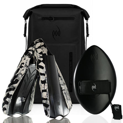 POD Black/Black Waterproof Backpack 40L + Stealth Black WOW 13" Handboard + Black/White PF2 Fins
