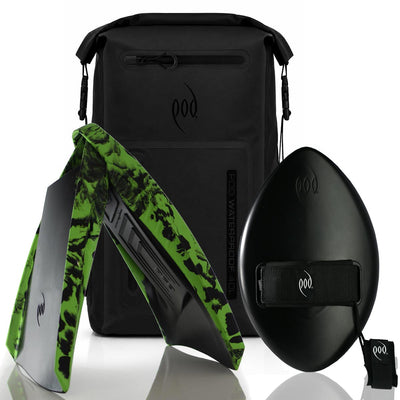 POD Black/Black Waterproof Backpack 40L + Stealth Black WOW 13" Handboard + Black/Lime  PF3 Fins