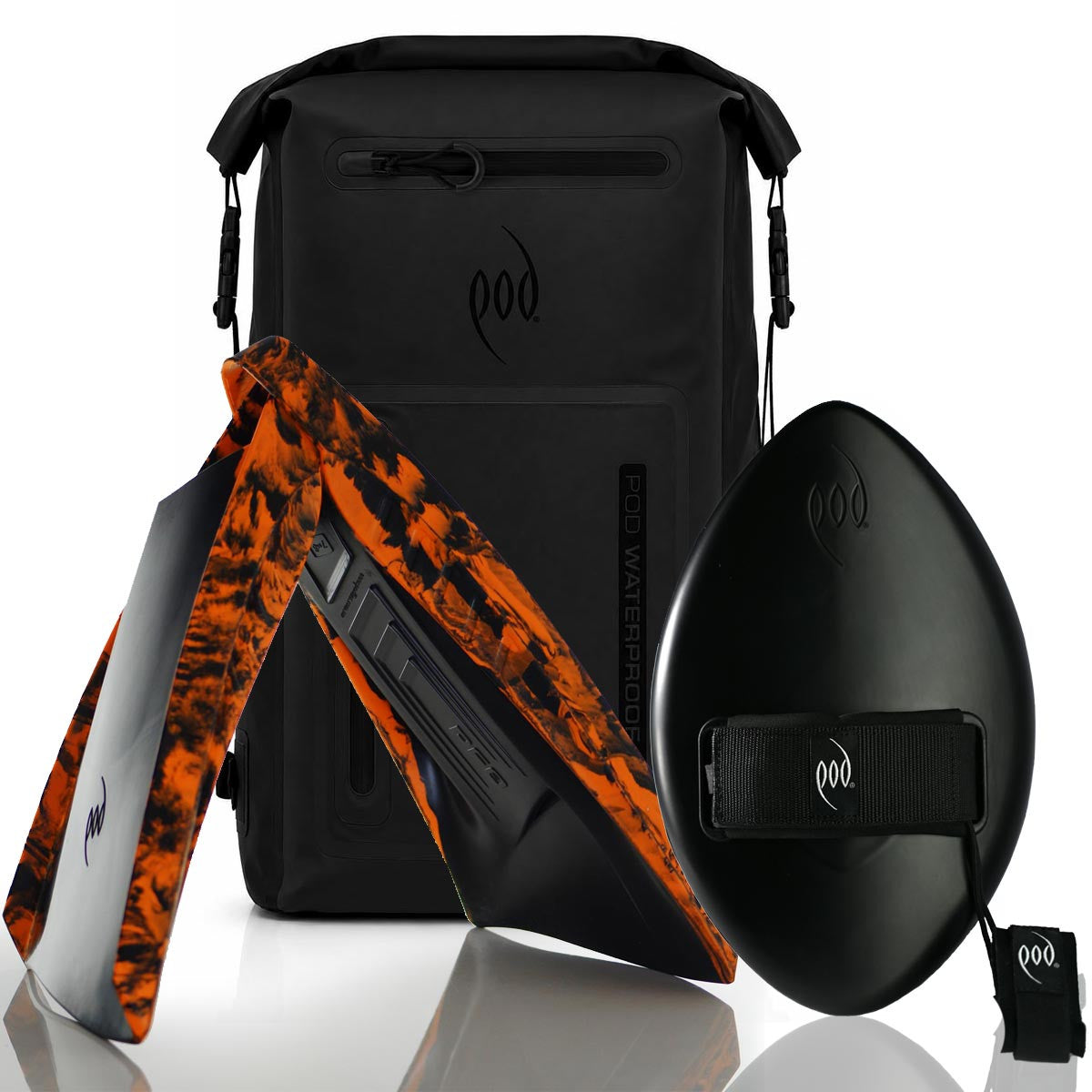 POD Black/Black Waterproof Backpack 40L + Stealth Black WOW 13" Handboard + Black/Orange  PF3 Fins