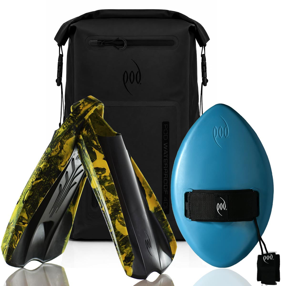 POD Black/Black Waterproof Backpack 40L + Tropical Teal WOW 13" Handboard + Black/Yellow PF2 Fins