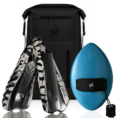 POD Black/Black Waterproof Backpack 40L + Tropical Teal WOW 13" Handboard + Black/White PF2 Fins
