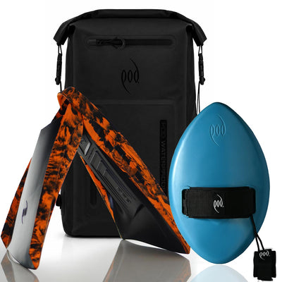 POD Black/Black Waterproof Backpack 40L + Tropical Teal Black WOW 13" Handboard + Black/Orange  PF3 Fins