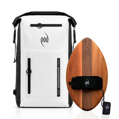 POD Black/White Waterproof Backpack 40L + FLO Cedar Walnut Bodysurfing Handboard