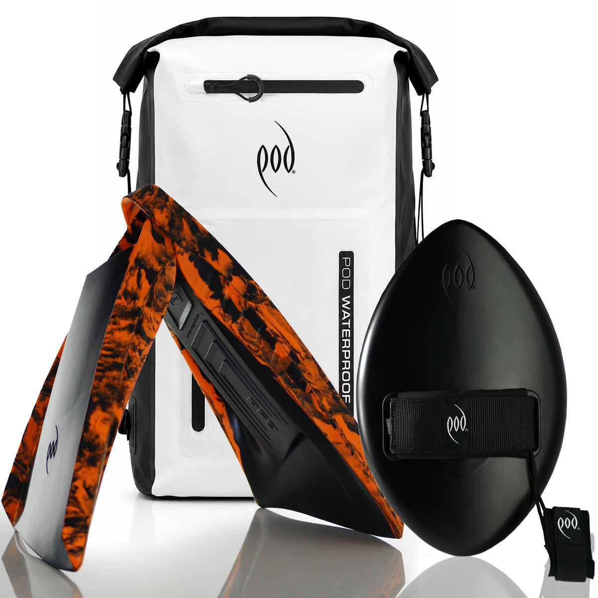 POD Black/White Waterproof Backpack 40L + Stealth Black WOW 13" Handboard + Black/Orange  PF3 Fins