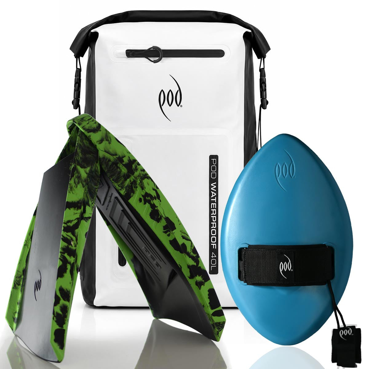 POD Black/White Waterproof Backpack 40L + Tropical Teal Black WOW 13" Handboard + Black/Lime  PF3 Fins