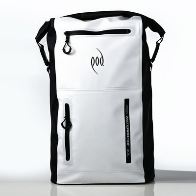 A white and black waterproof backpack from the brand POD, featuring a roll-top zipper, a front zippered pocket with a black logo, and a vertical zippered pocket on the lower right side.