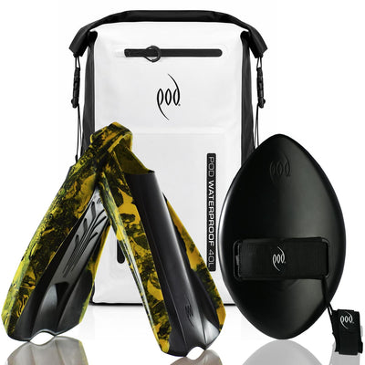 POD White/Black Waterproof Backpack 40L + Stealth Black WOW 13" Handboard + Black/Yellow PF2 Fins