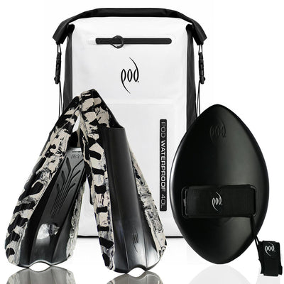 POD White/Black Waterproof Backpack 40L + Stealth Black WOW 13" Handboard + Black/White PF2 Fins