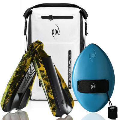 POD White/Black Waterproof Backpack 40L + Tropical Teal WOW 13" Handboard + Black/Yellow PF2 Fins