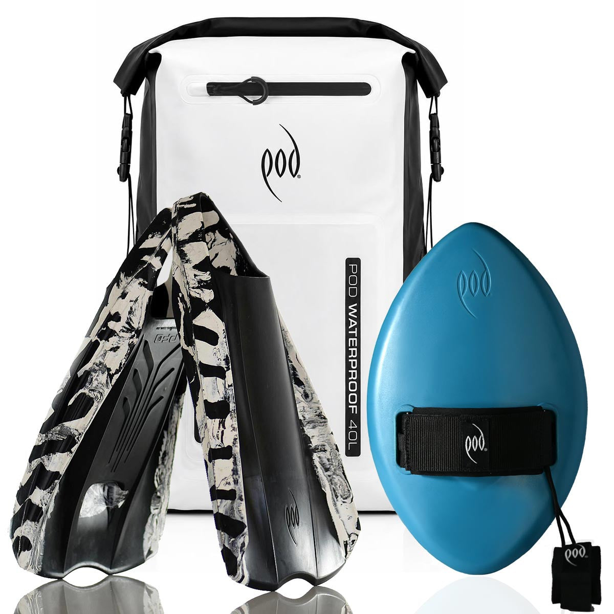 POD White/Black Waterproof Backpack 40L + Tropical Teal WOW 13" Handboard + Black/White PF2 Fins