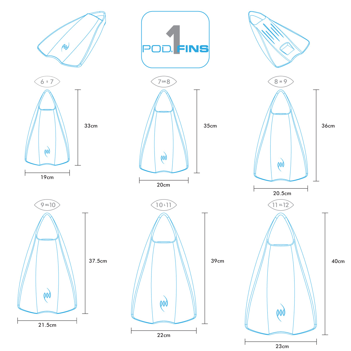 POD Swim Fins PF1 blade width and length differences across sizes