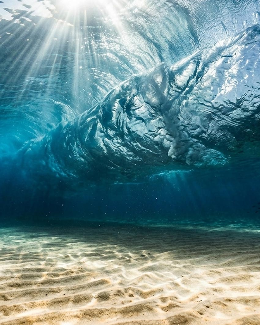 Underwater view looking up through clear blue water at a breaking wave with sunlight streaming through the surface from above and a rippled sandy seabed below.