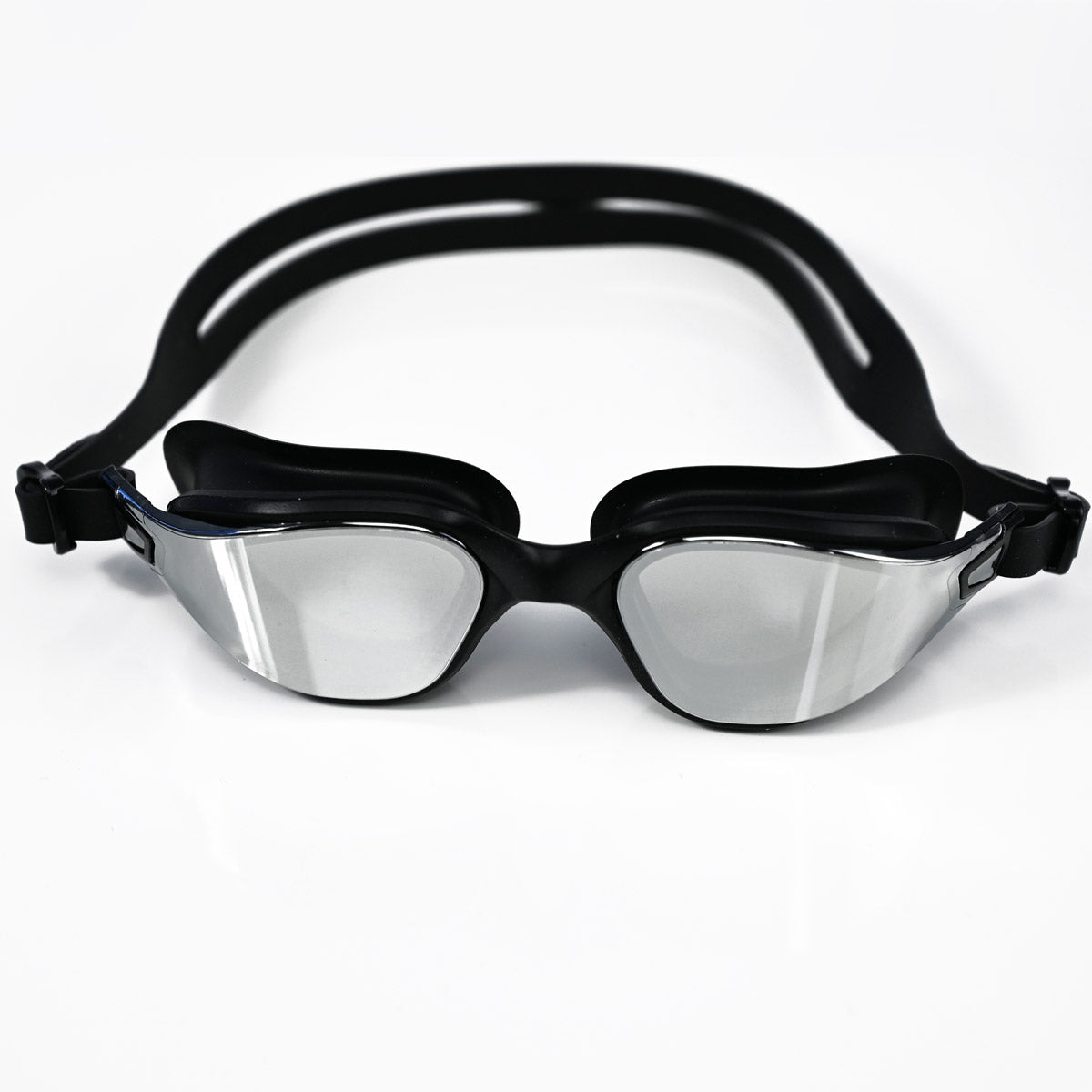 Black swim goggles with silver mirrored lenses and an adjustable black strap, shown on a clean white background.