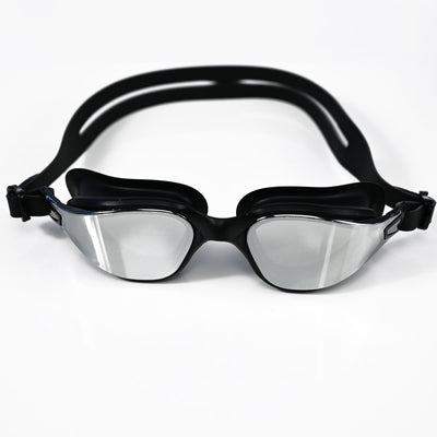 Black swim goggles with silver mirrored lenses and an adjustable black strap, shown on a clean white background.