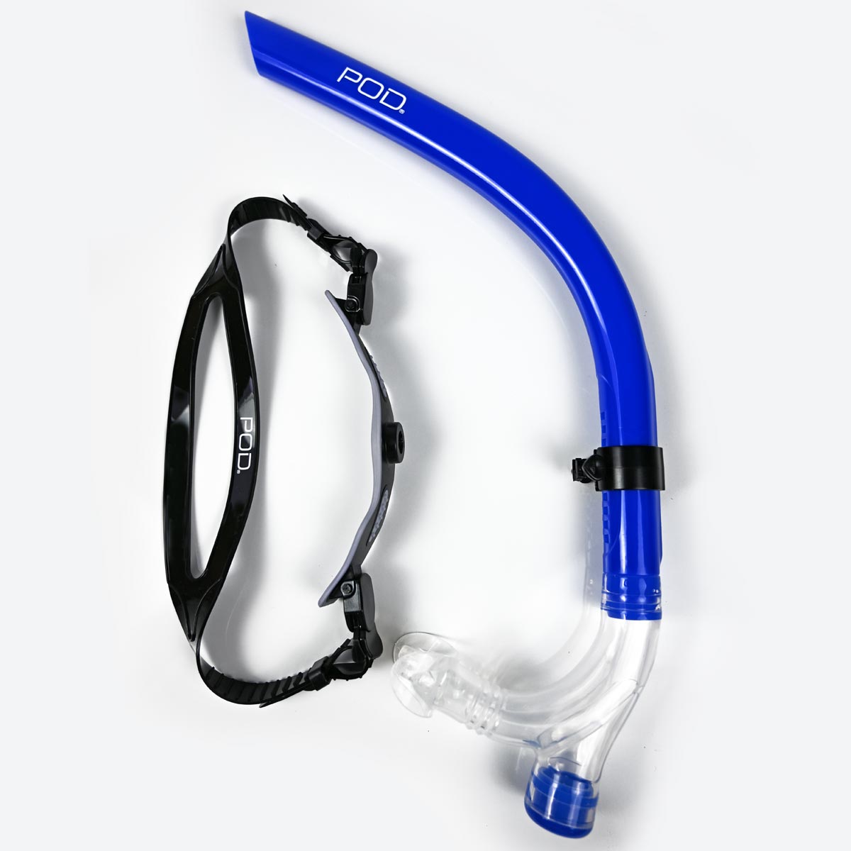 A blue and black POD snorkel with a clear mouthpiece, displayed on a clean white background.