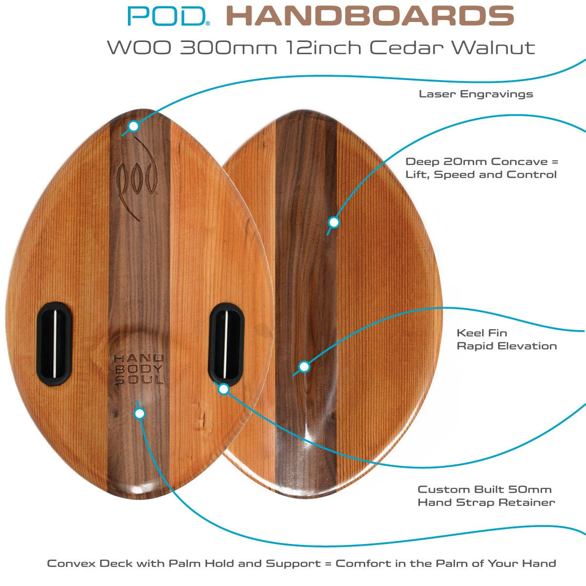 WOO 300mm 12inch Wood POD Handboards - Bodysurfing Handplane