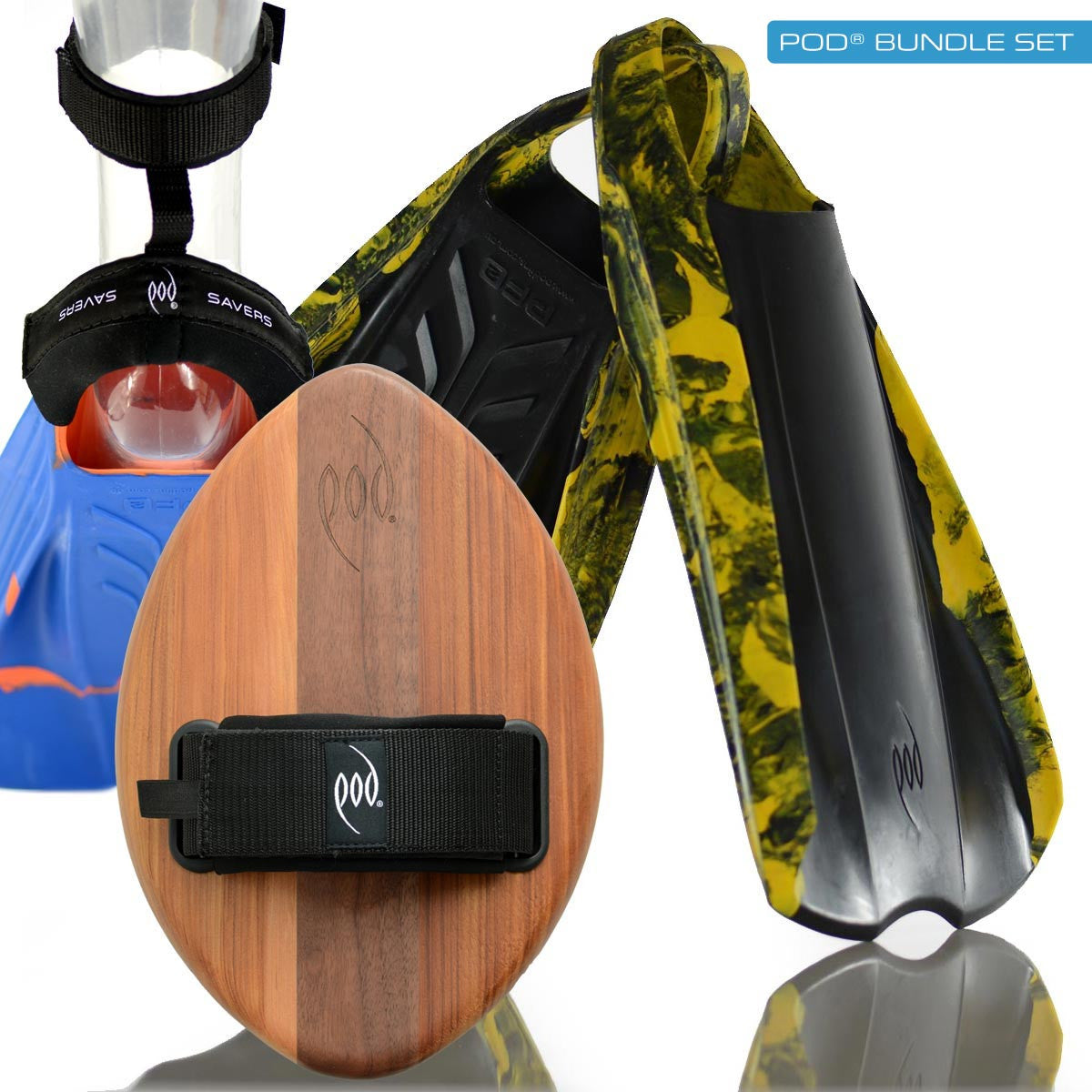 WOO Cedar/Walnut POD Handboard PF2 Swim Fins Black/Yellow Heel Protectors and Fin Savers
