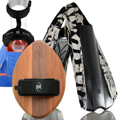 WOO Cedar/Walnut POD Handboard PF2 Swim Fins Black/White Heel Protectors and Fin Savers