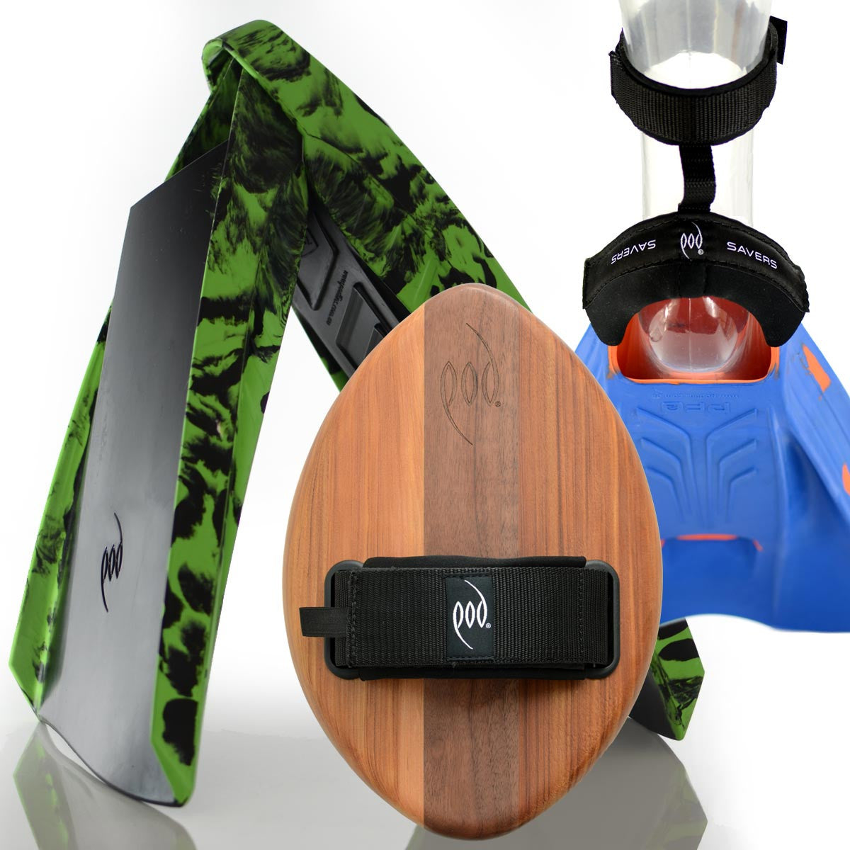 WOO Cedar/Walnut POD Handboard PF3 Swim Fins Black/Lime Heel Protectors Fin Savers