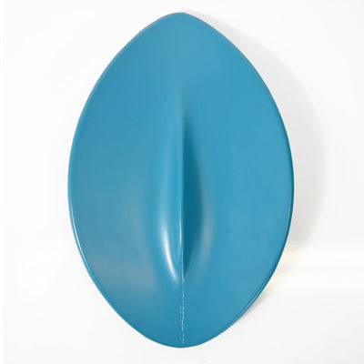 A teal blue body surfing handboard with keel with a smooth matte finish, photographed from directly above on a clean white background.
