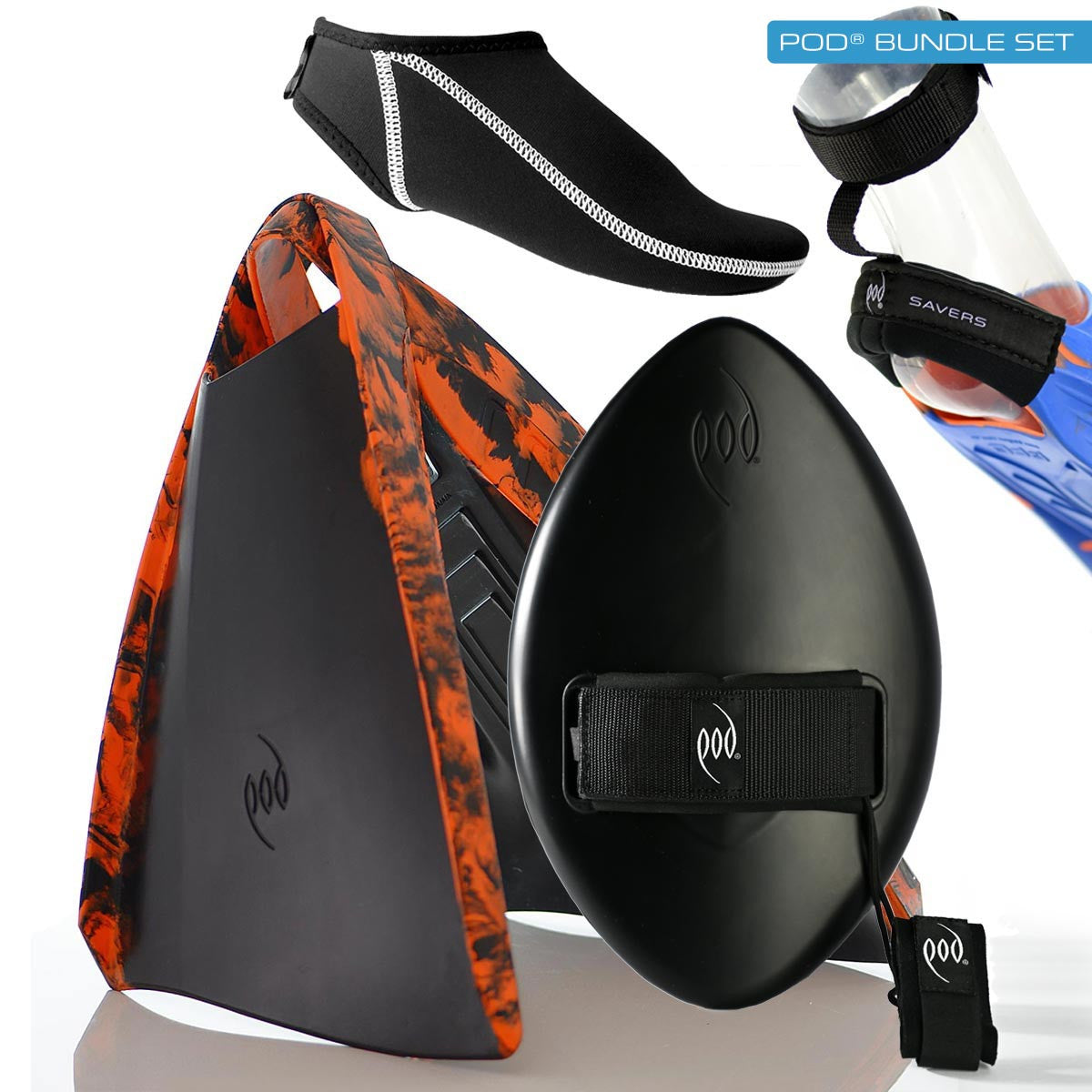 Black WOW Hand Plane + Black/Orange PF3 + Swim Fin Socks + Fin and Heel Savers