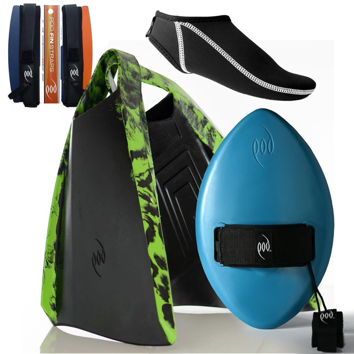 Tropical Teal WOW Handplane + Black/Lime POD 3 Swim Fins + Fin Socks + Fin Savers