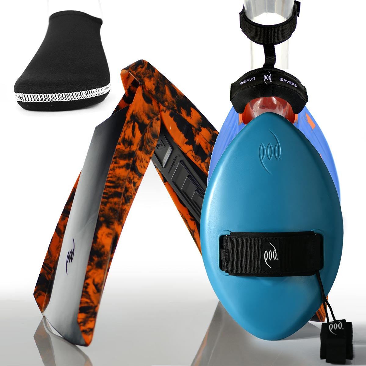 Teal WOW Hand Plane + Black/Orange PF3 + Swim Fin Socks + Fin and Heel Savers
