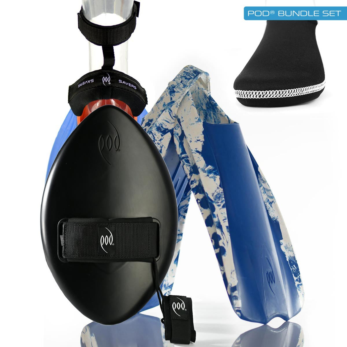 Black WOW Handboard + Blue White PF1 POD Fins + Swim Fin Socks + Fin and Heel Savers