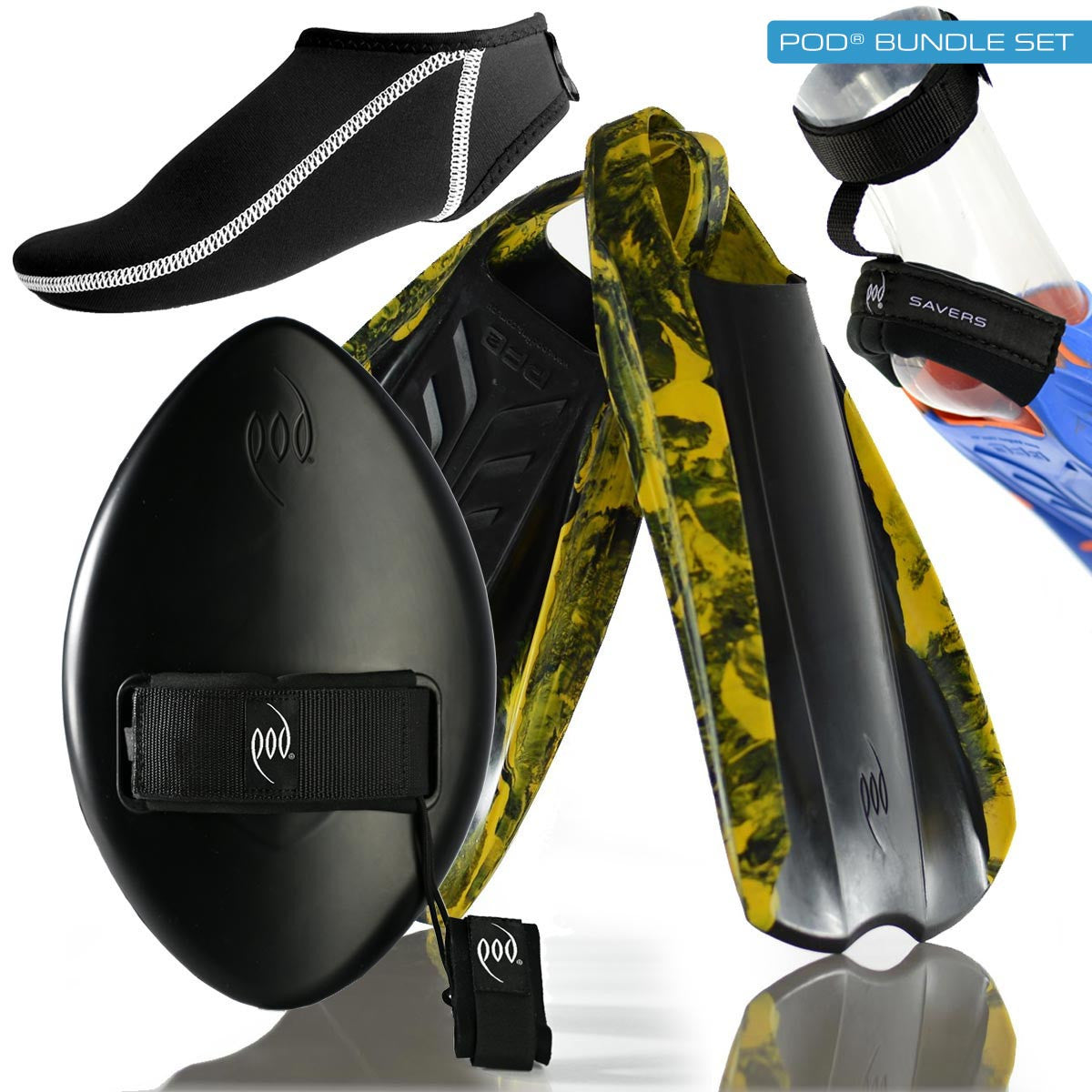 Black WOW Handboard + Black/Yellow PF2 + Swim Fin Socks + Fin and Heel Savers