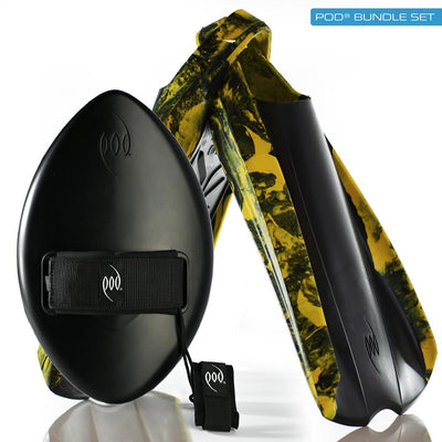 Stealth Black WOW Handboard + Black/Yellow PF2 POD Fins Body Surfing Bundle