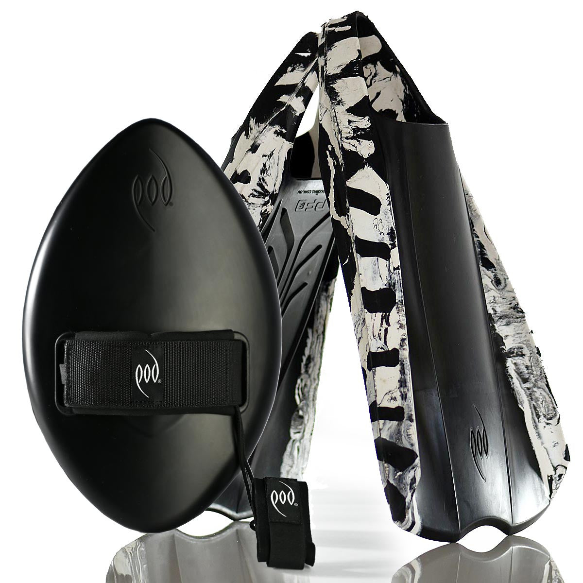 Stealth Black WOW Handboard + Black/White PF2 POD Fins Body Surfing Bundle
