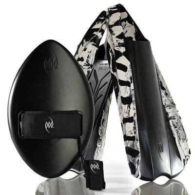 Stealth Black WOW Handboard + Black/White PF2 POD Fins Body Surfing Bundle