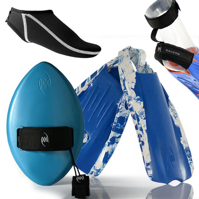 Teal WOW Handboard + Blue White PF1 POD Fins + Swim Fin Socks + Fin and Heel Savers