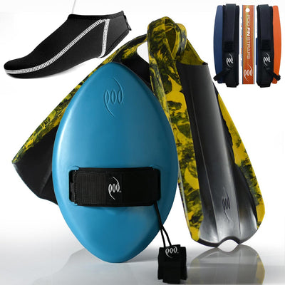Teal WOW Handboard + Black/Yellow POD 2 Swim Fins + Fin Socks + Fin Savers