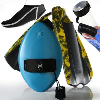 Teal WOW Handboard + Black/Yellow PF2 + Swim Fin Socks + Fin and Heel Savers