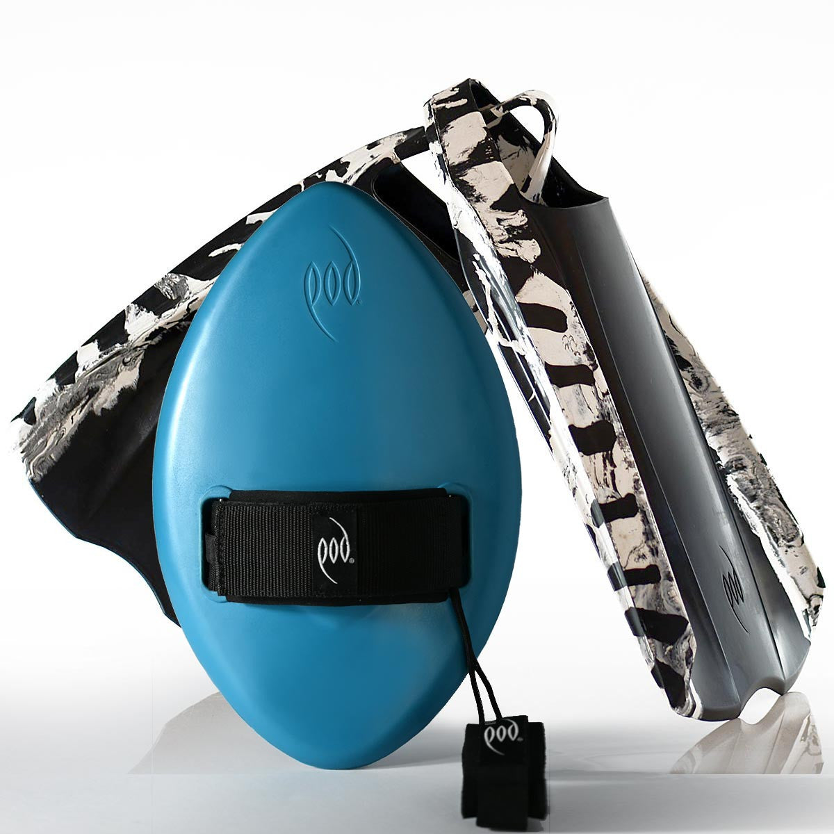 Tropical Teal WOW Handboard + Black/White PF2 POD Fins Body Surfing Bundle