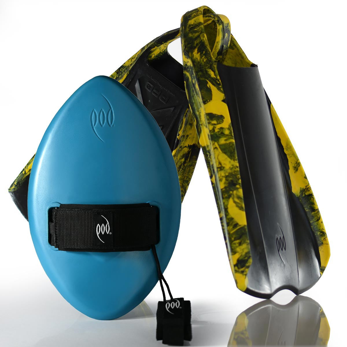 Tropical Teal WOW Handboard + Black/Yellow PF2 POD Fins Body Surfing Bundle