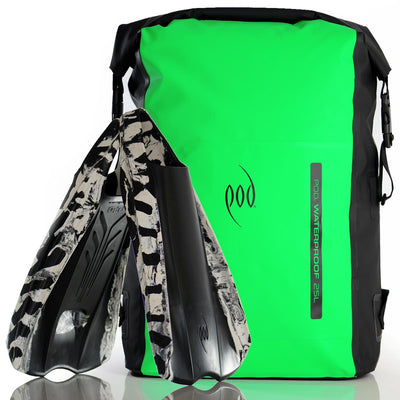 Waterproof Backpack Black Green 25L Rucksack Dry Bag PF2 POD Swim Fins Black White