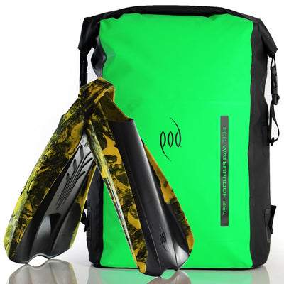 Waterproof Backpack Black Green 25L Rucksack Dry Bag PF2 POD Swim Fins Black Yellow