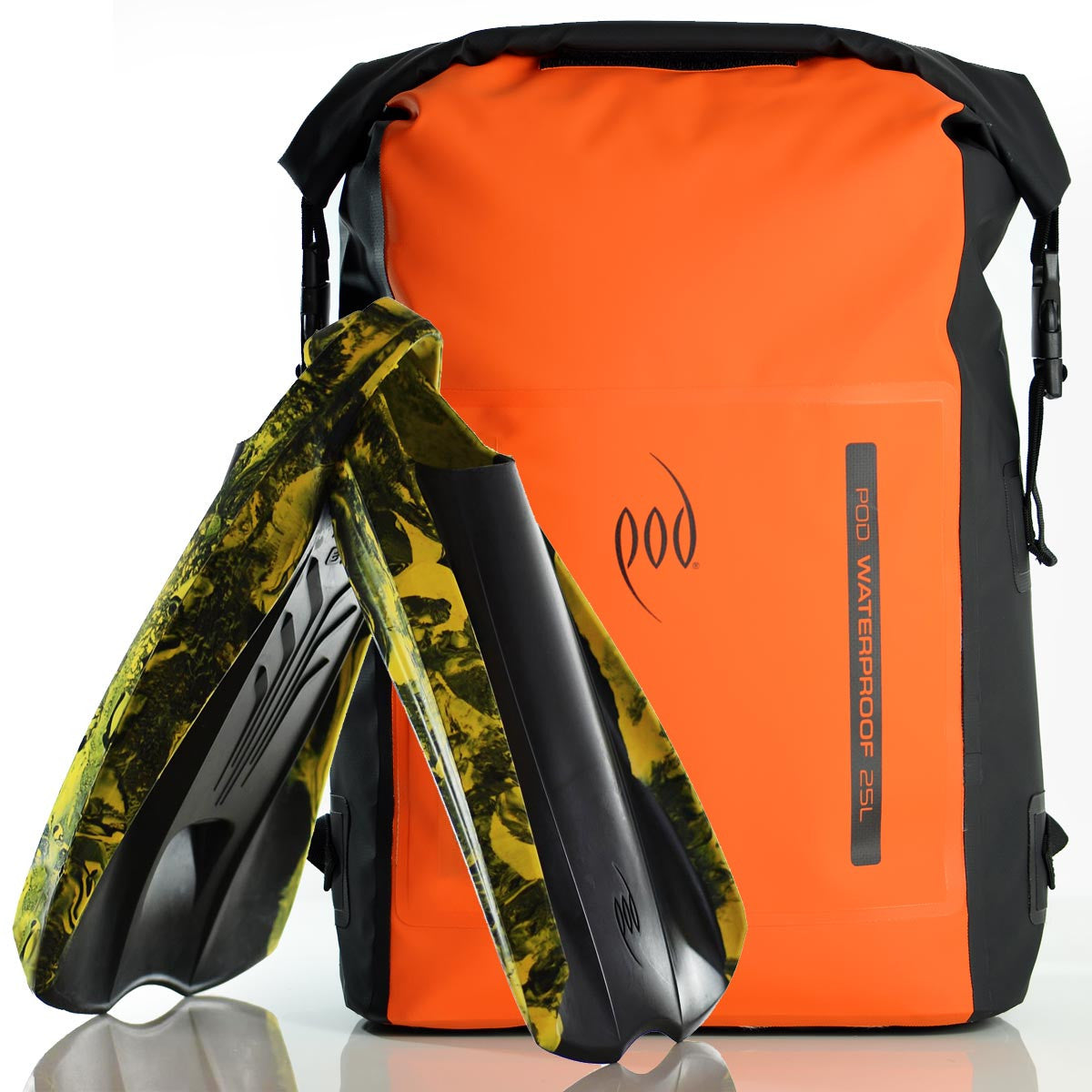 Waterproof Backpack Black Orange 25L Rucksack Dry Bag PF2 POD Swim Fins Black Yellow