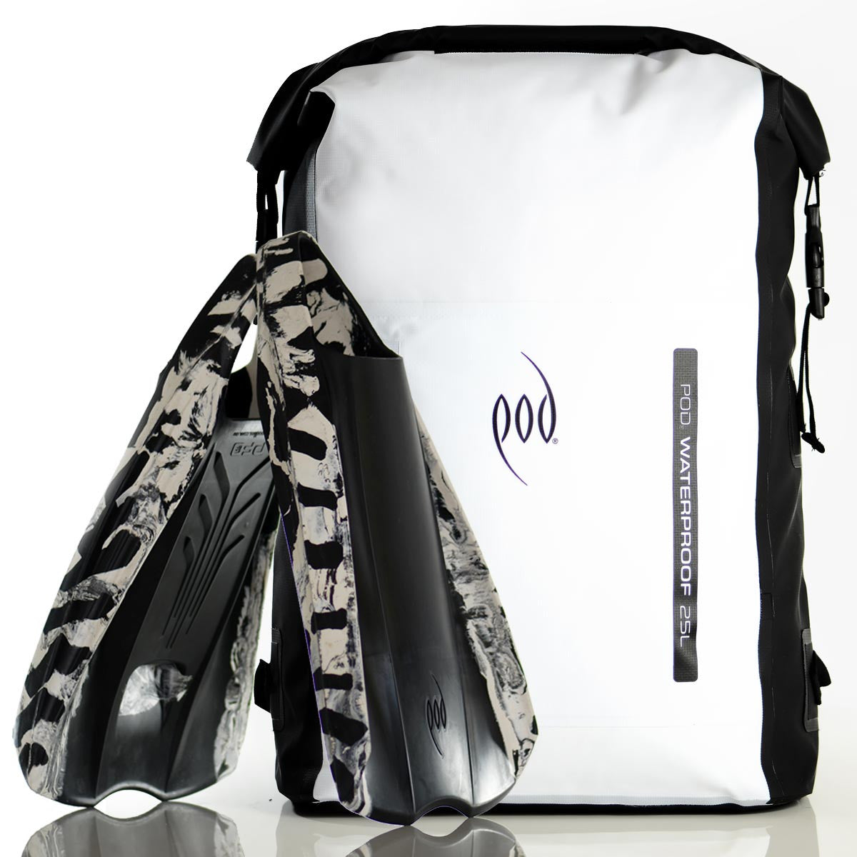 Waterproof Backpack Black White 25L Rucksack Dry Bag PF2 POD Swim Fins Black White