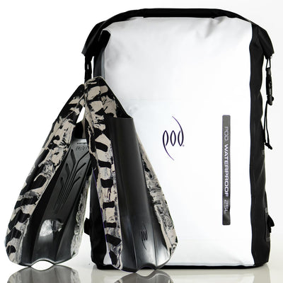 Waterproof Backpack Black White 25L Rucksack Dry Bag PF2 POD Swim Fins Black White