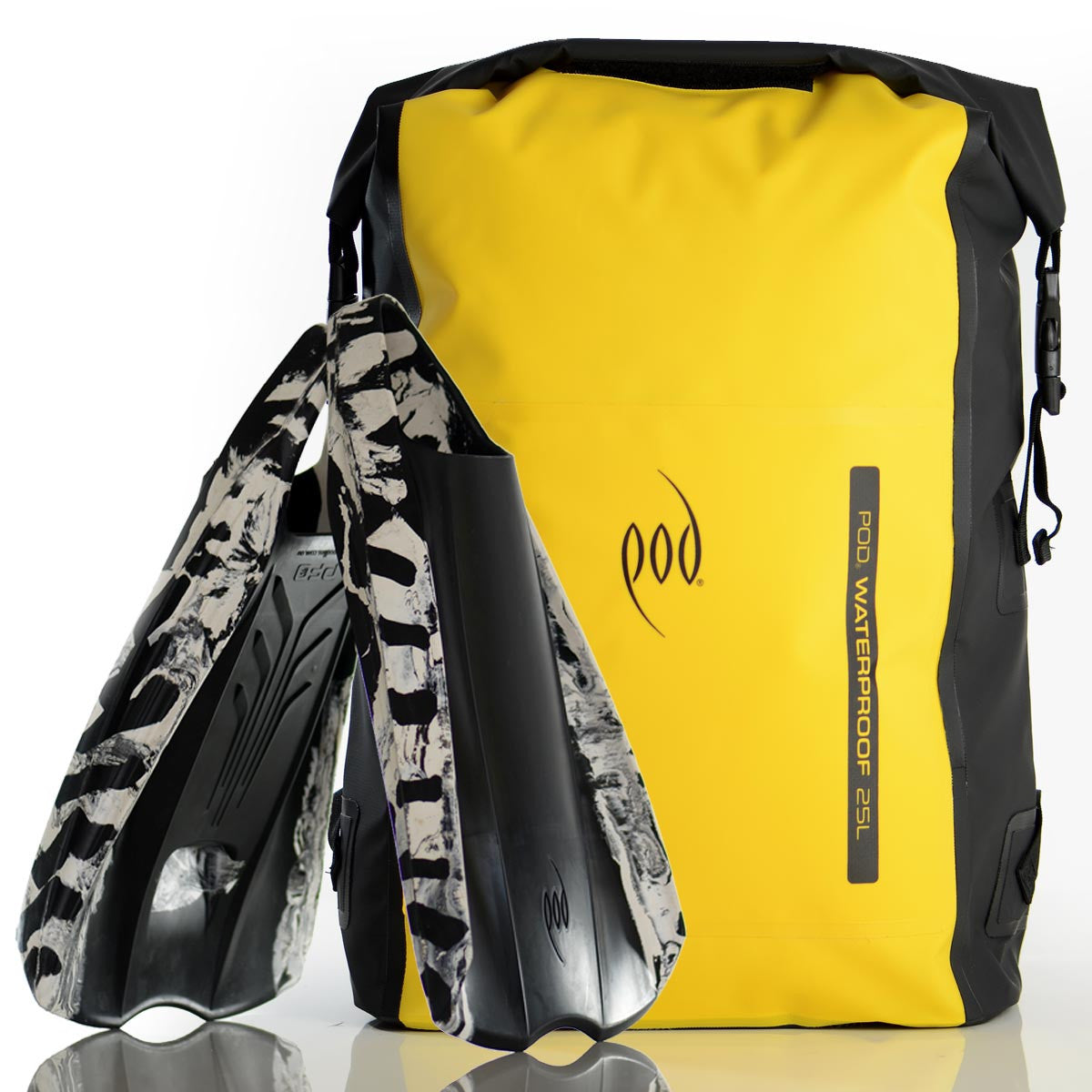 Waterproof Backpack Black Yellow 25L Rucksack Dry Bag PF2 POD Swim Fins Black White