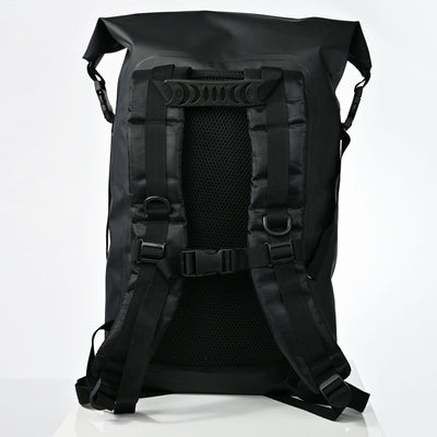 Black waterproof roll-top backpack shown from the back, featuring padded shoulder straps, a breathable mesh back panel, and quick-release buckles, photographed on a clean white studio background.