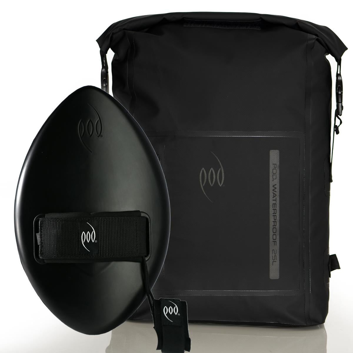 Black and Black Waterproof Backpack + Stealth Black WOW Handplane