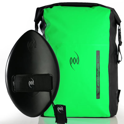 Black and Green Waterproof Backpack + Stealth Black WOW Handplane