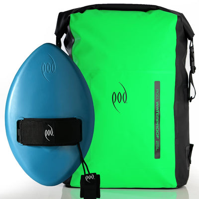 Black and Green Waterproof Backpack + Tropical Teal WOW Handplane