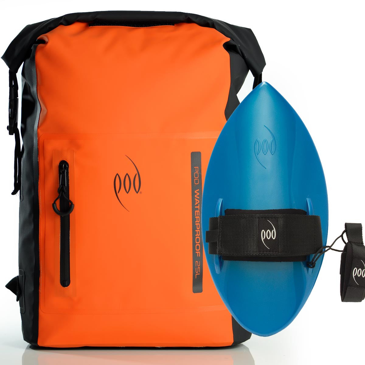 Waterproof Backpack Black Orange Bodysurfing Handboard Aqua Blue