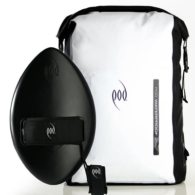 Black and White Waterproof Backpack + Stealth Black WOW Handplane